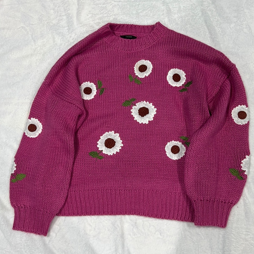 Sweater, dark pink with white flowers including brown center in flowers. M